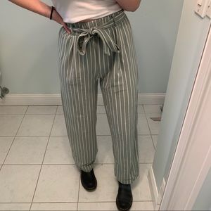 Green & White Striped Wide Leg Pants